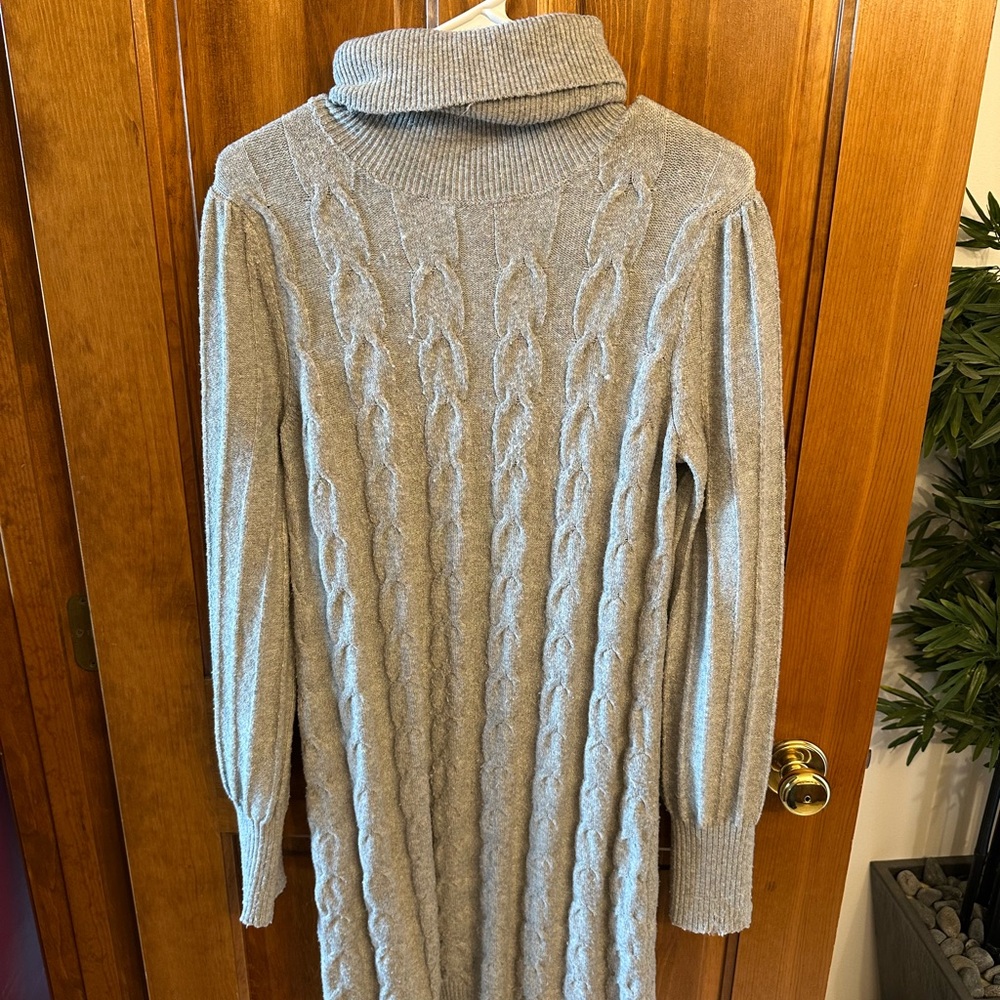 Gray Cable Knit Turtleneck Sweater Dress